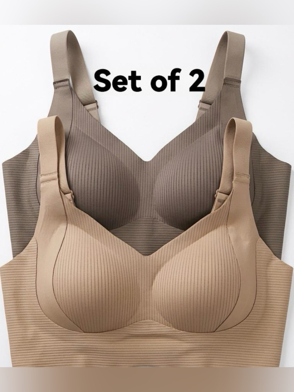 Seamless Ribbed Wireless Bra Set - 2-Pack (Taupe & Mink)
